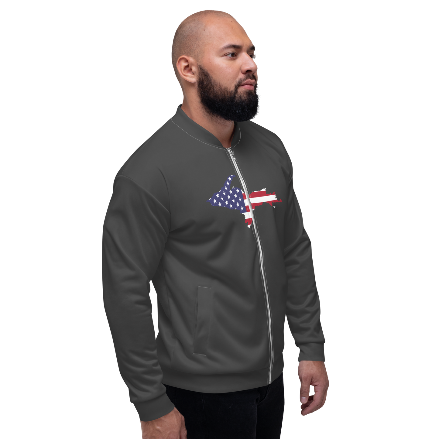 Michigan Upper Peninsula Bomber Jacket (w/ Large UP USA Flag Outline) | Iron Ore Grey