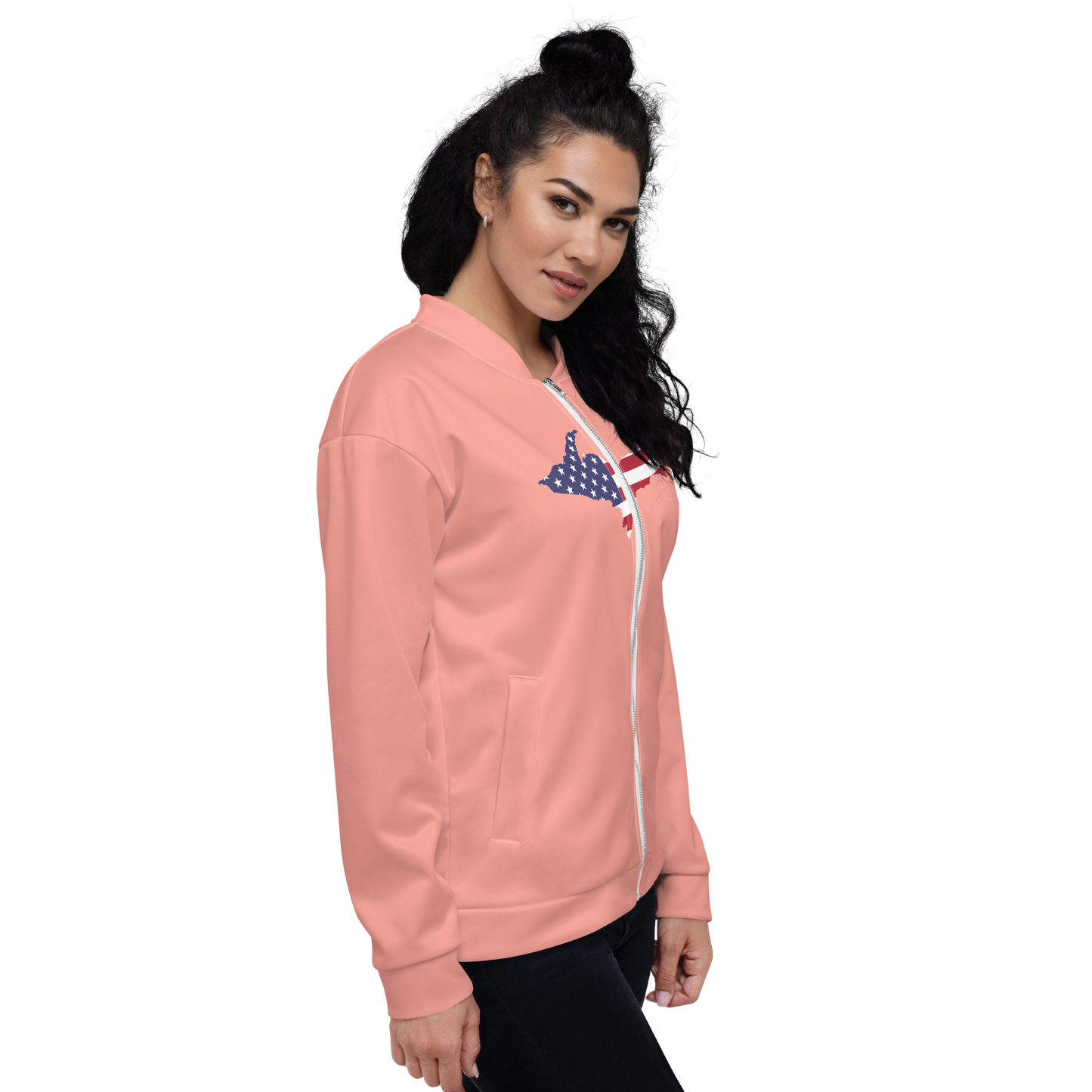 Michigan Upper Peninsula Bomber Jacket (w/ Large UP USA Flag Outline) | Champagne Pink