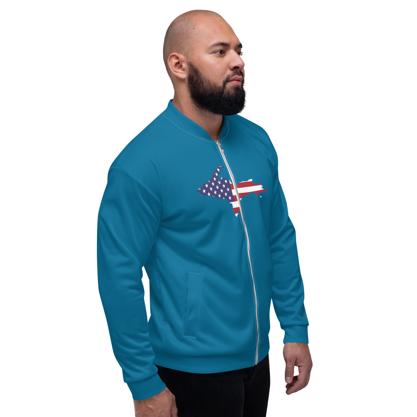 Michigan Upper Peninsula Bomber Jacket (w/ Large UP USA Flag Outline) | Cerulean