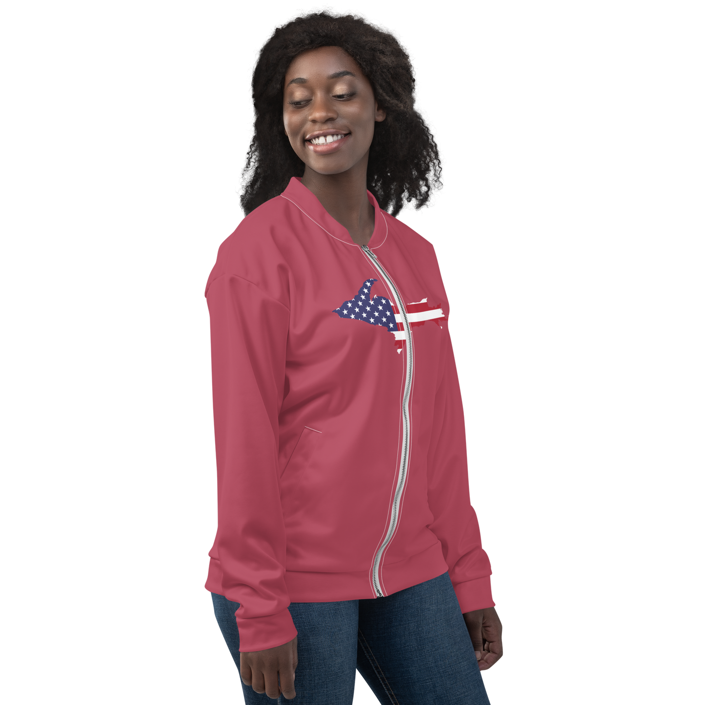 Michigan Upper Peninsula Bomber Jacket (w/ Large UP USA Flag Outline) | Popstar Pink