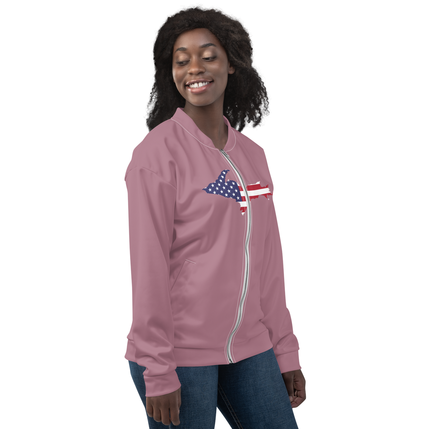 Michigan Upper Peninsula Bomber Jacket (w/ Large UP USA Flag Outline) | Cherry Blossom Pink