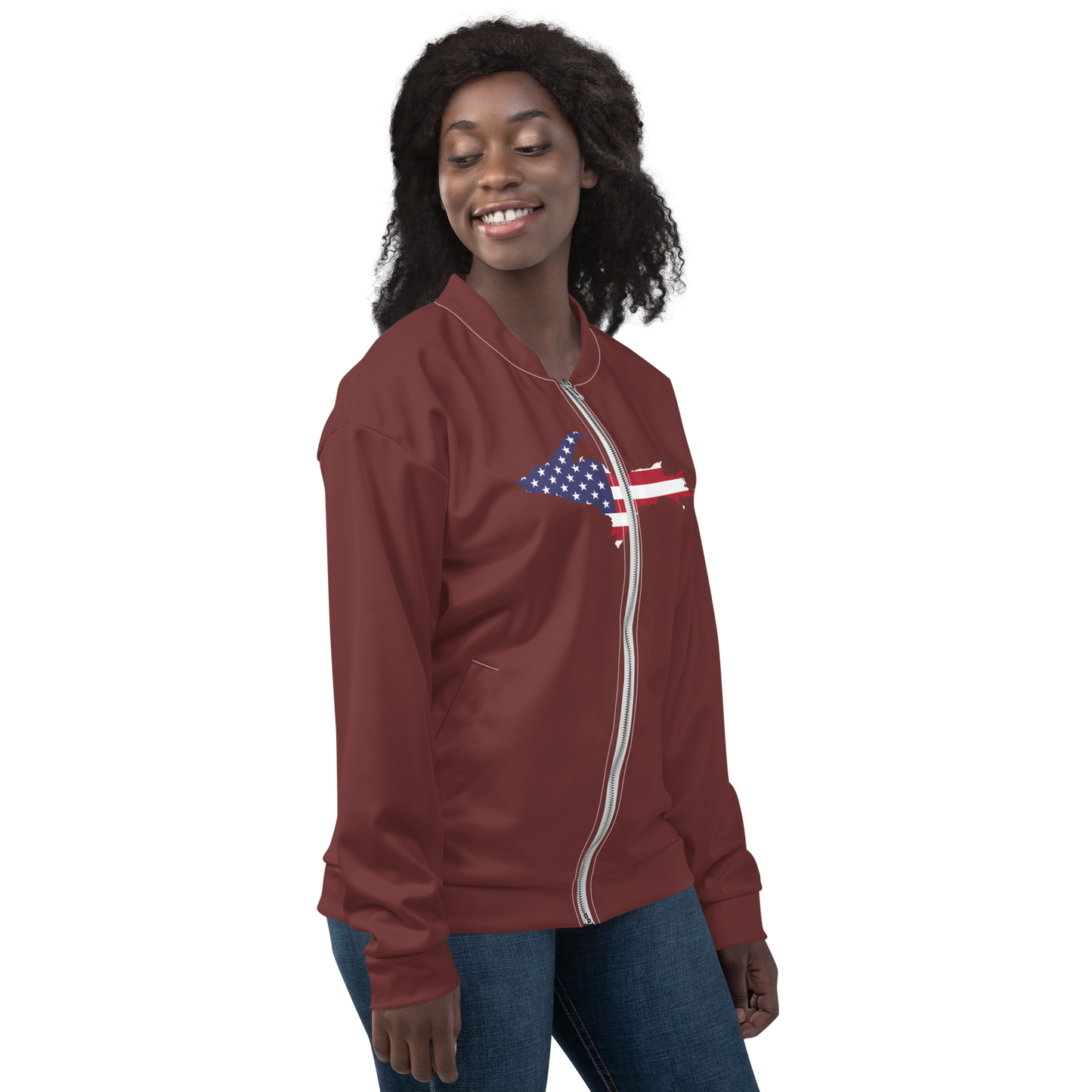 Michigan Upper Peninsula Bomber Jacket (w/ Large UP USA Flag Outline) | Auburn Color