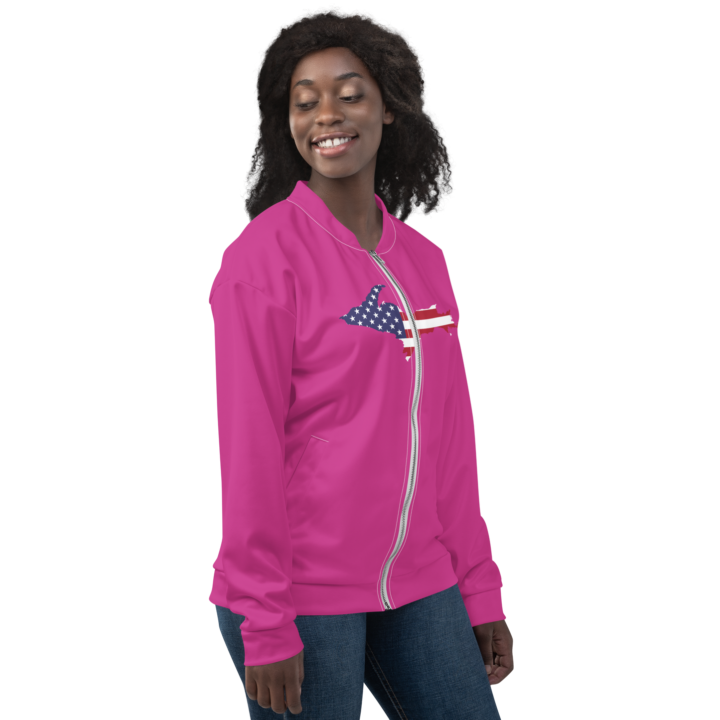 Michigan Upper Peninsula Bomber Jacket (w/ Large UP USA Flag Outline) | Apple Blossom Pink