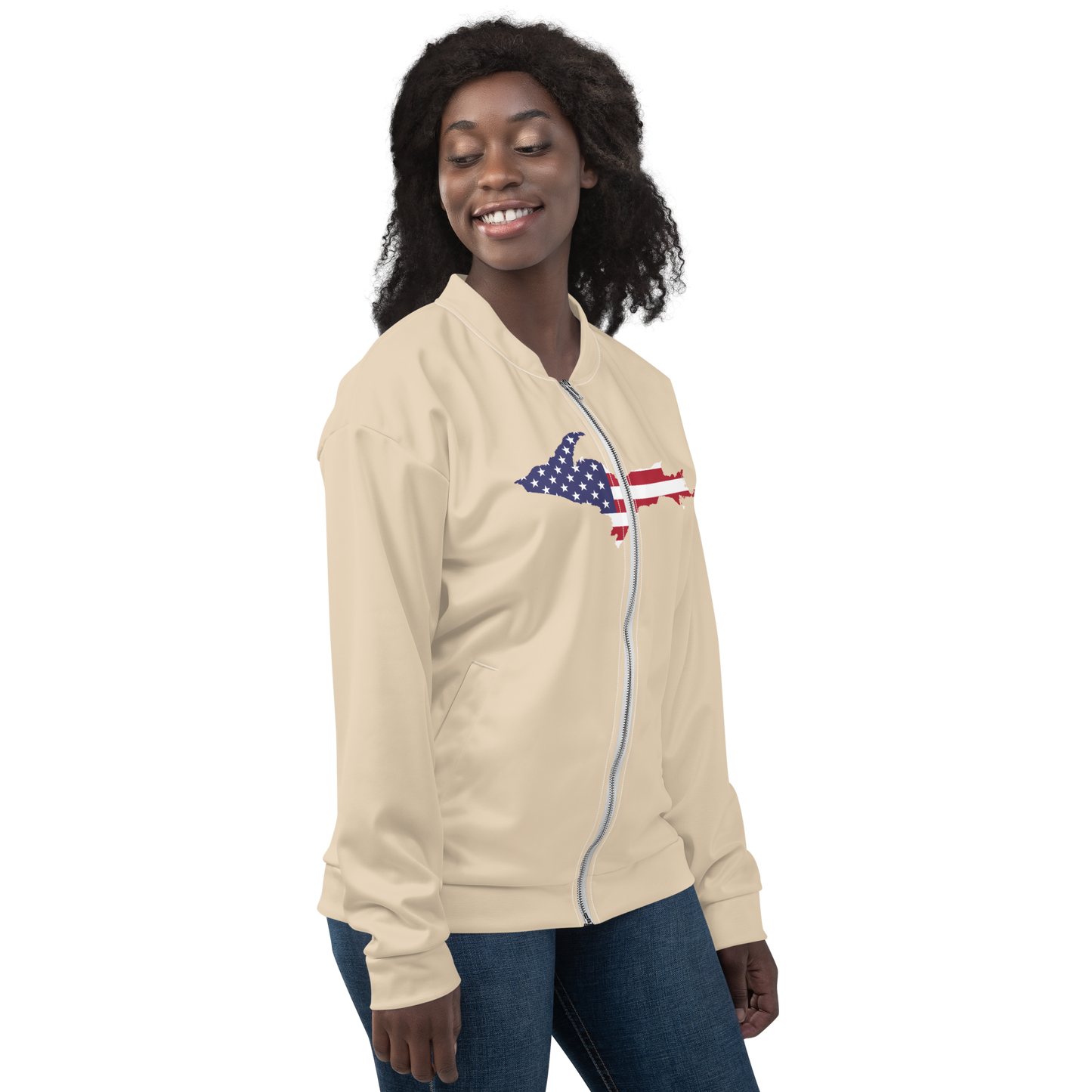 Michigan Upper Peninsula Bomber Jacket (w/ Large UP USA Flag Outline) | Canvas Color