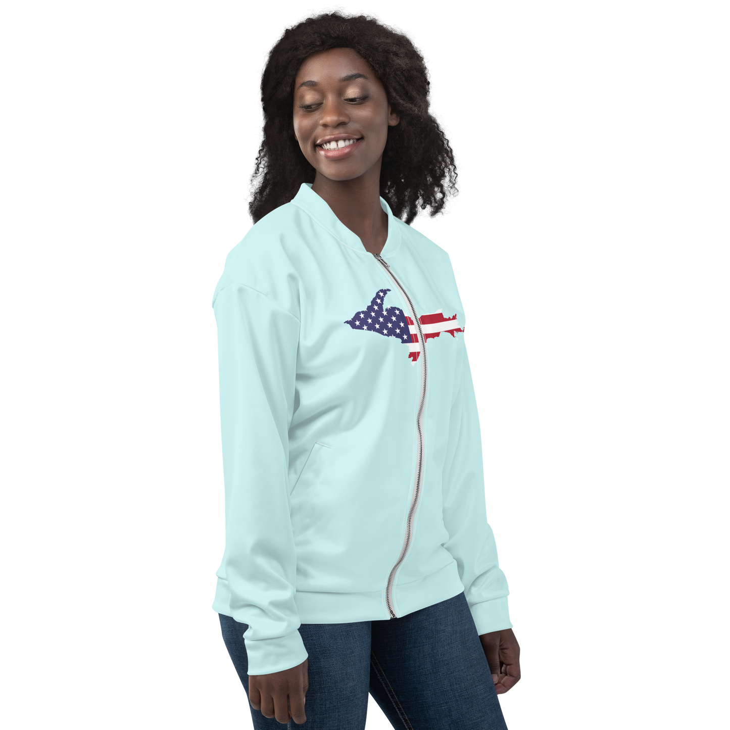 Michigan Upper Peninsula Bomber Jacket (w/ Large UP USA Flag Outline) | Cyan