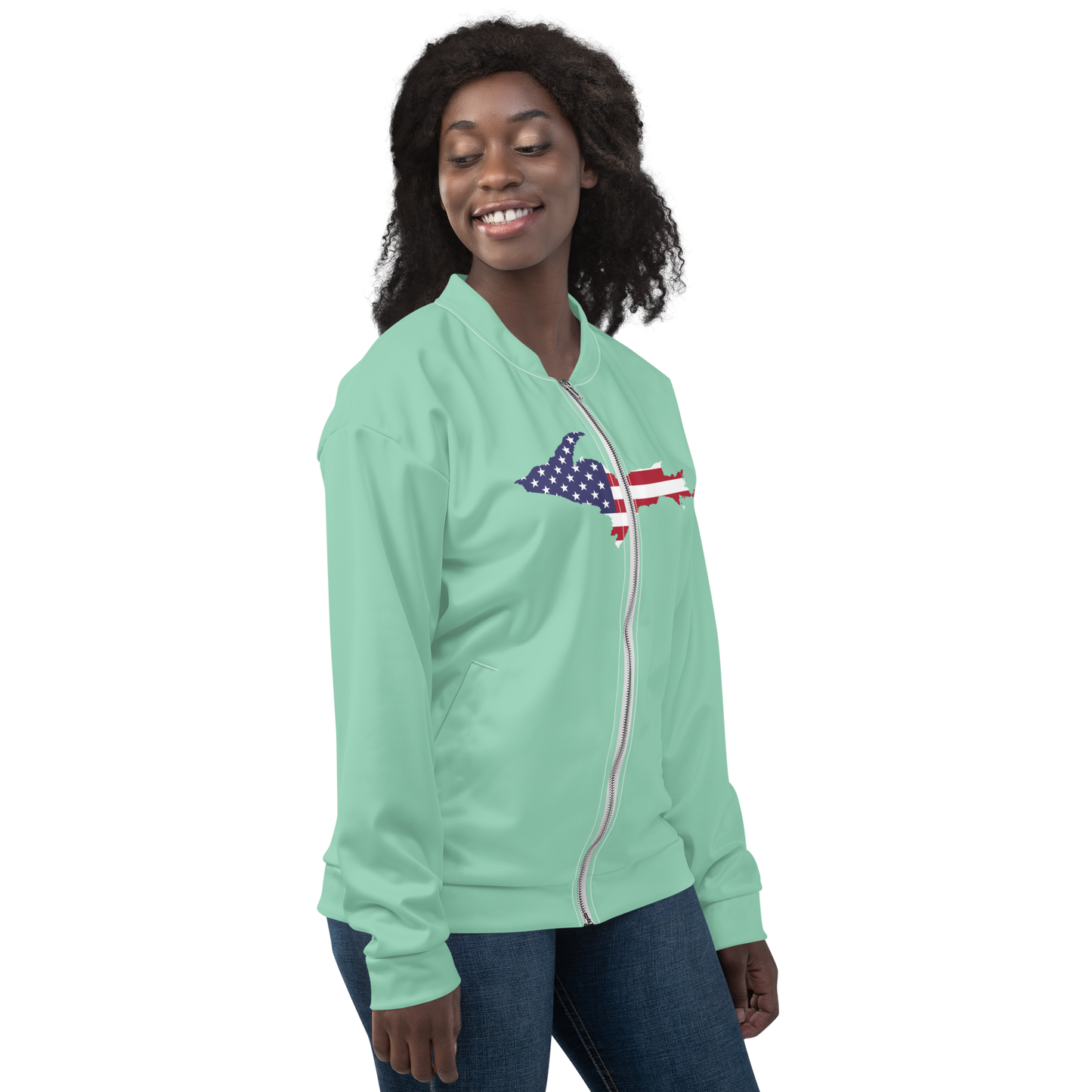 Michigan Upper Peninsula Bomber Jacket (w/ Large UP USA Flag Outline) | Turquoise Green