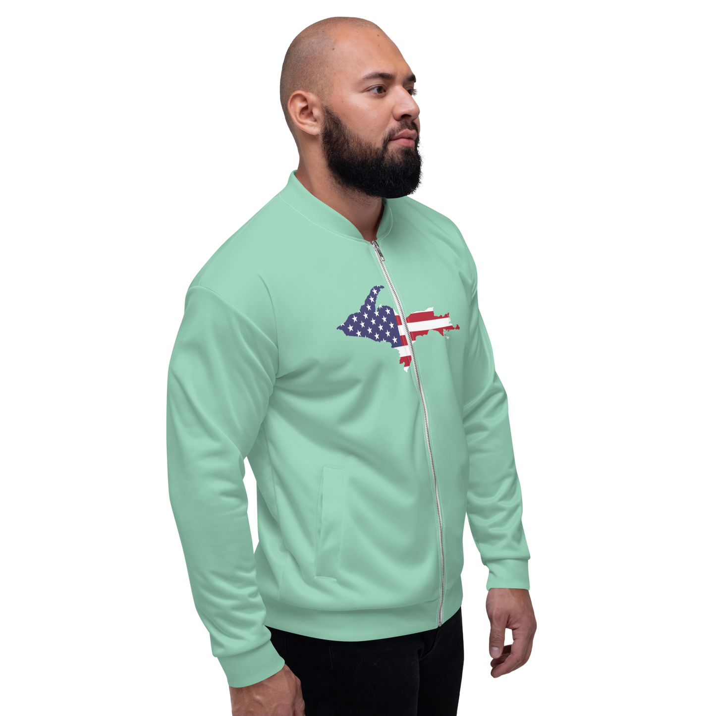 Michigan Upper Peninsula Bomber Jacket (w/ Large UP USA Flag Outline) | Turquoise Green