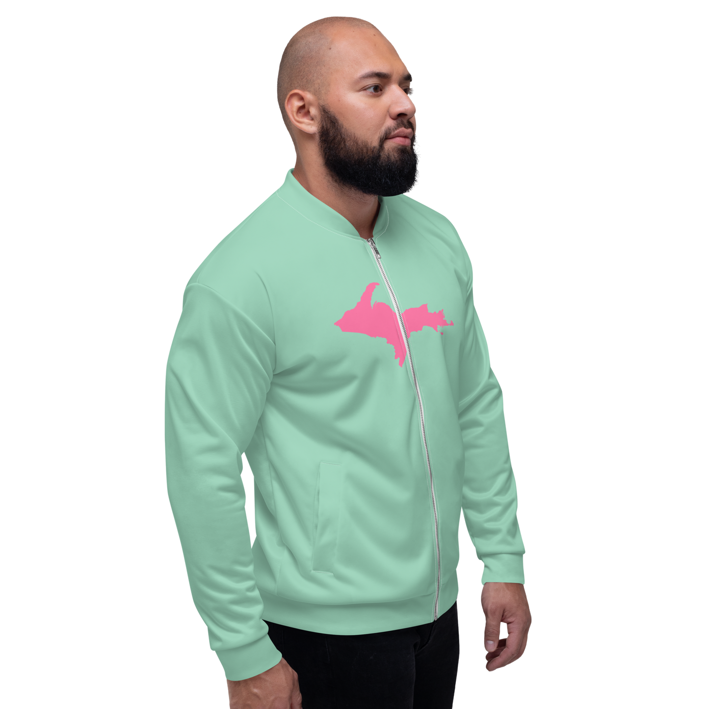 Michigan Upper Peninsula Bomber Jacket (w/ Large Pink UP Outline) | Turquoise Green