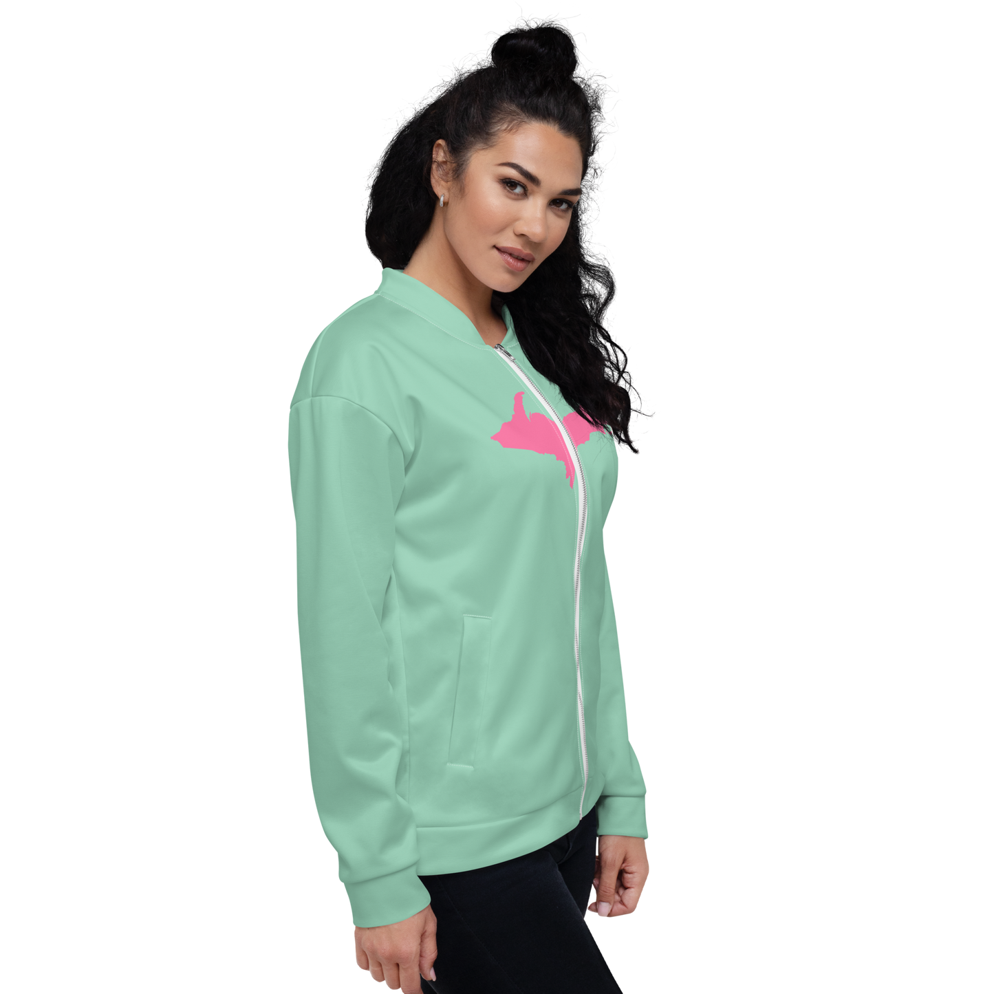 Michigan Upper Peninsula Bomber Jacket (w/ Large Pink UP Outline) | Turquoise Green