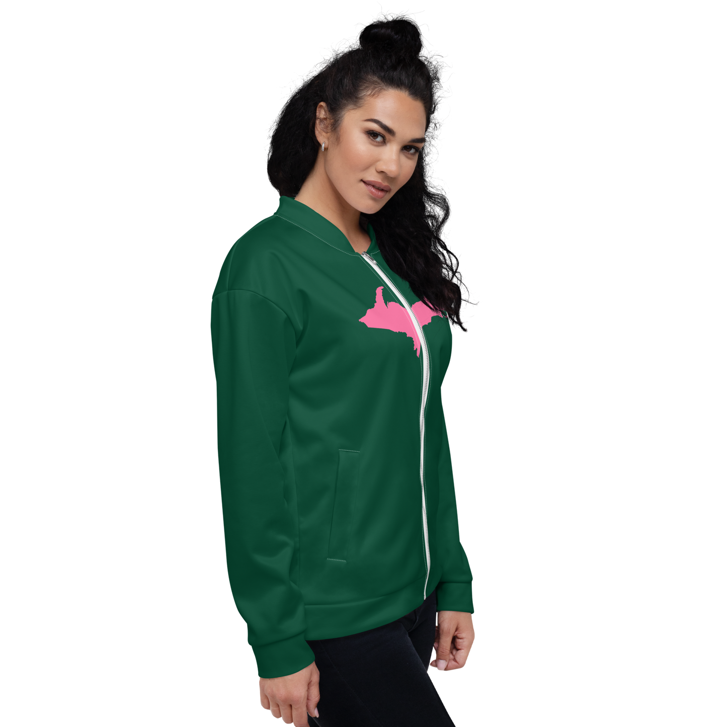 Michigan Upper Peninsula Bomber Jacket (w/ Large Pink UP Outline) | Green