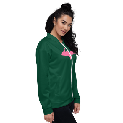 Michigan Upper Peninsula Bomber Jacket (w/ Large Pink UP Outline) | Green