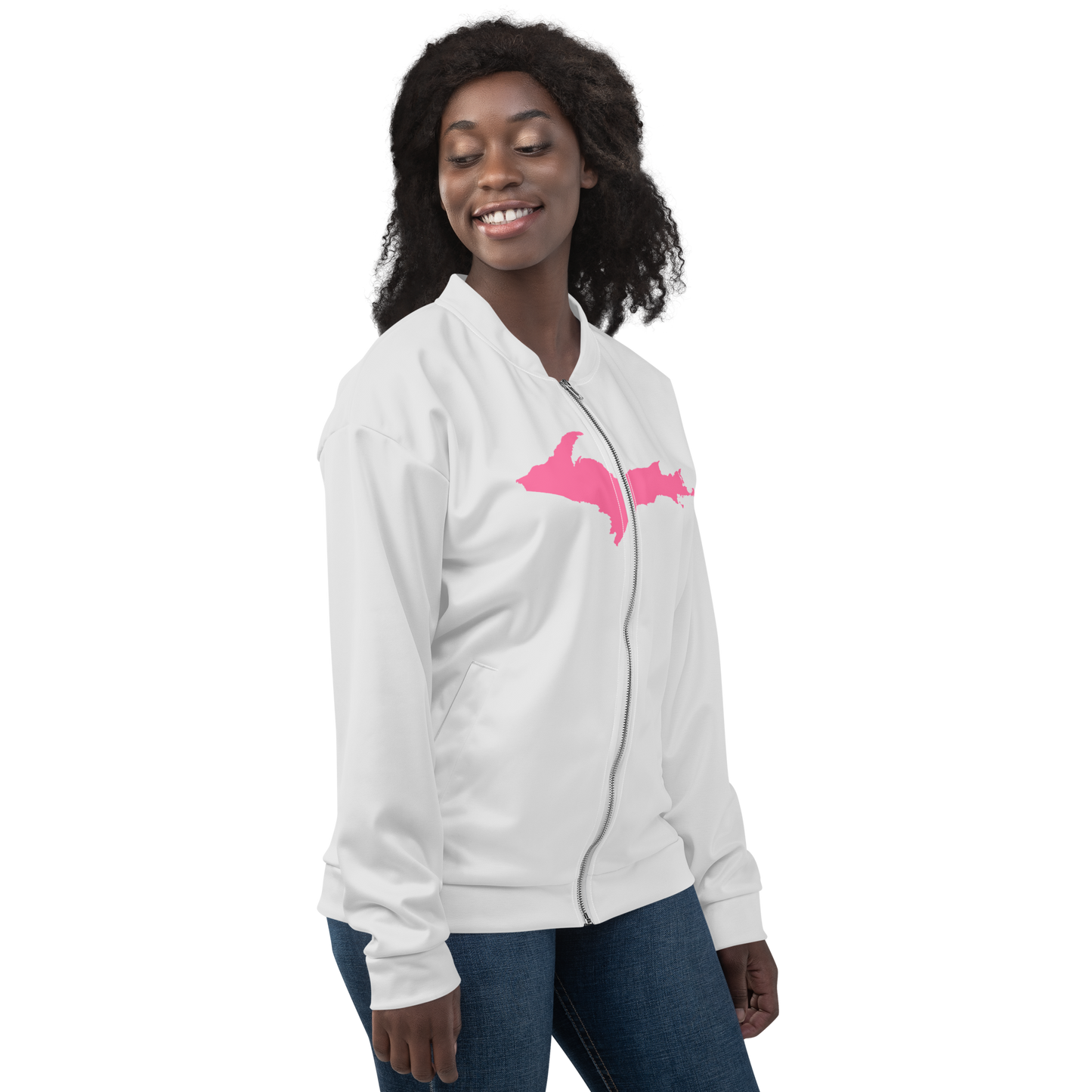 Michigan Upper Peninsula Bomber Jacket (w/ Large Pink UP Outline) | Birch Bark White