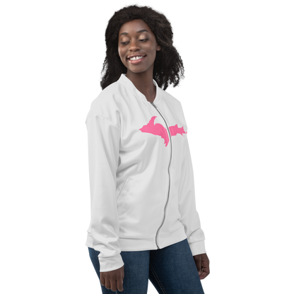 Michigan Upper Peninsula Bomber Jacket (w/ Large Pink UP Outline) | Birch Bark White