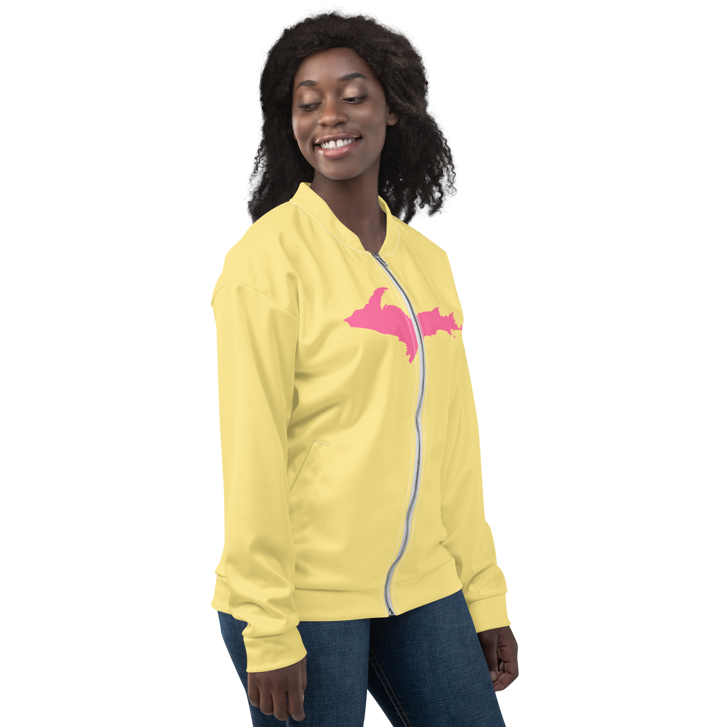 Michigan Upper Peninsula Bomber Jacket (w/ Large Pink UP Outline) | Cherry Yellow