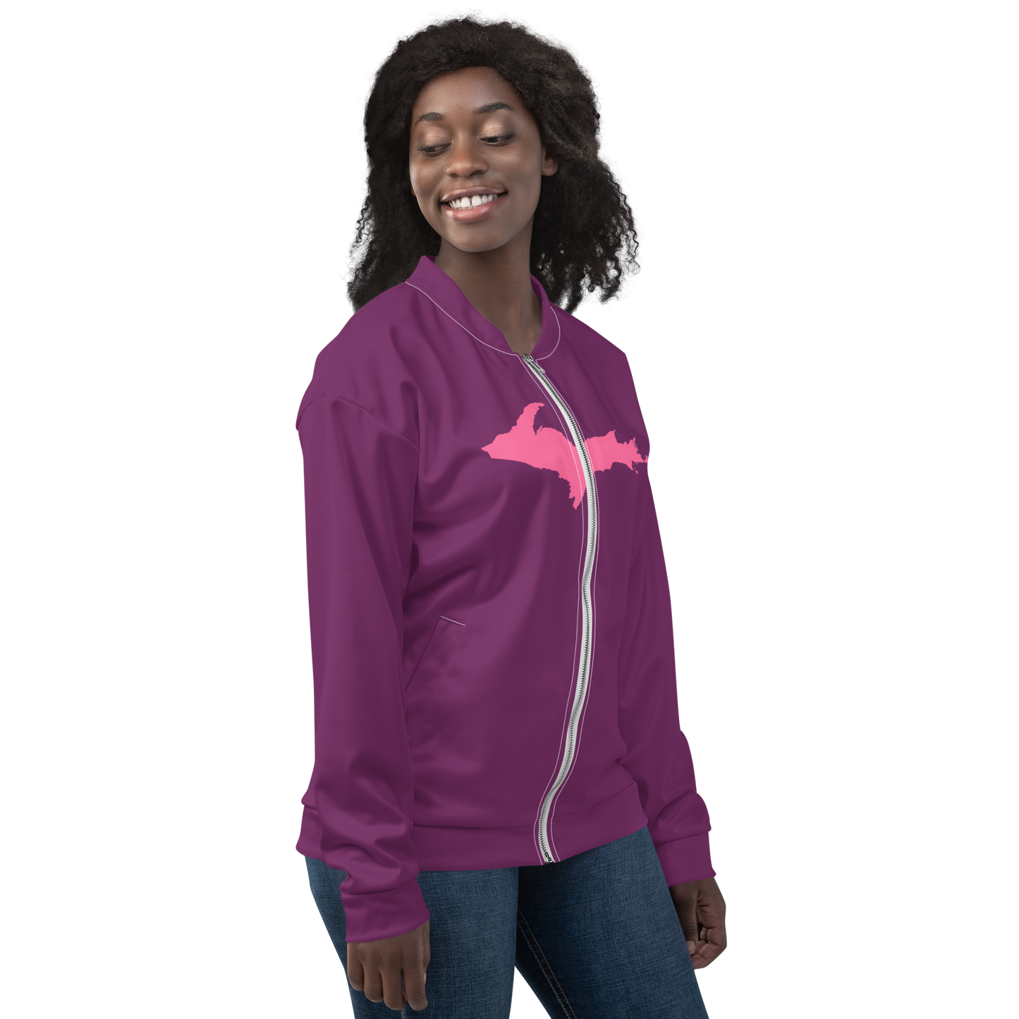 Michigan Upper Peninsula Bomber Jacket (w/ Large Pink UP Outline) | Plum