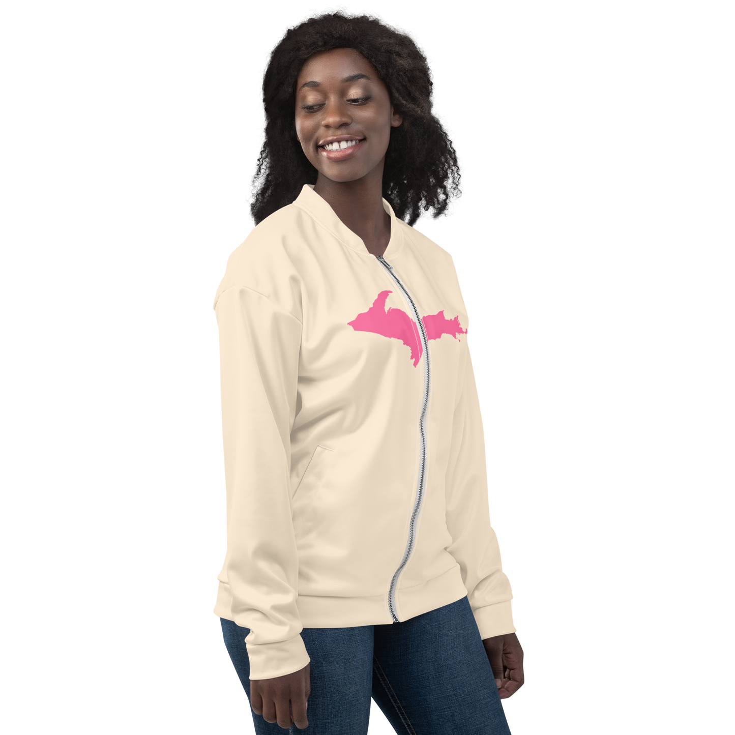 Michigan Upper Peninsula Bomber Jacket (w/ Large Pink UP Outline) | Champagne White