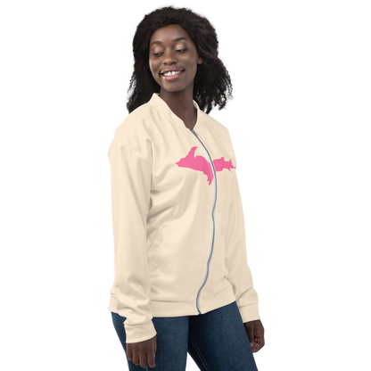 Michigan Upper Peninsula Bomber Jacket (w/ Large Pink UP Outline) | Champagne White