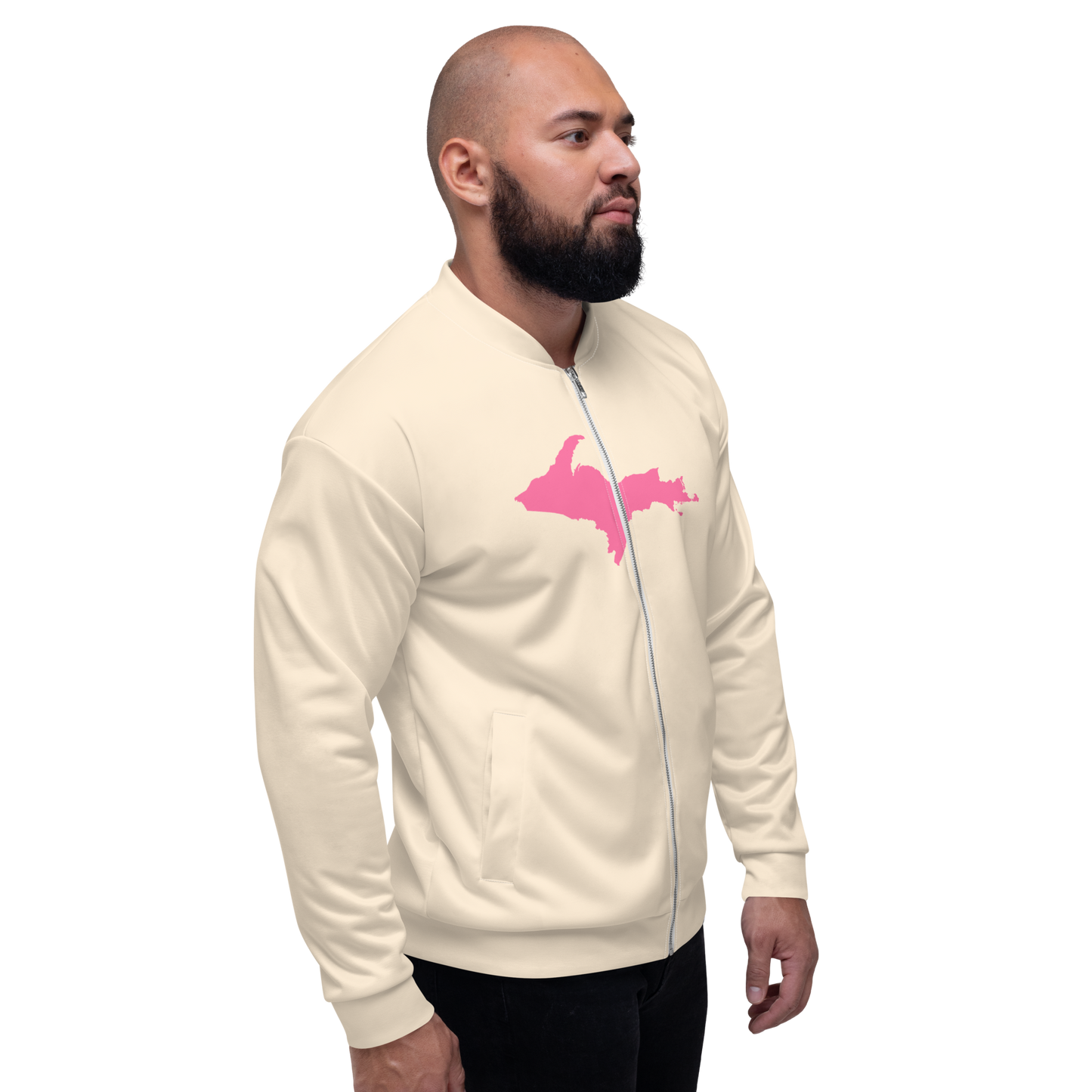 Michigan Upper Peninsula Bomber Jacket (w/ Large Pink UP Outline) | Champagne White