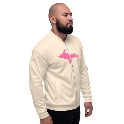 Michigan Upper Peninsula Bomber Jacket (w/ Large Pink UP Outline) | Champagne White