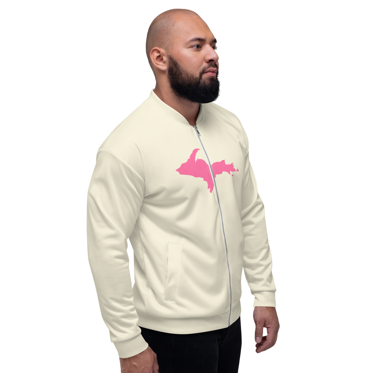 Michigan Upper Peninsula Bomber Jacket (w/ Large Pink UP Outline) | Ivory White