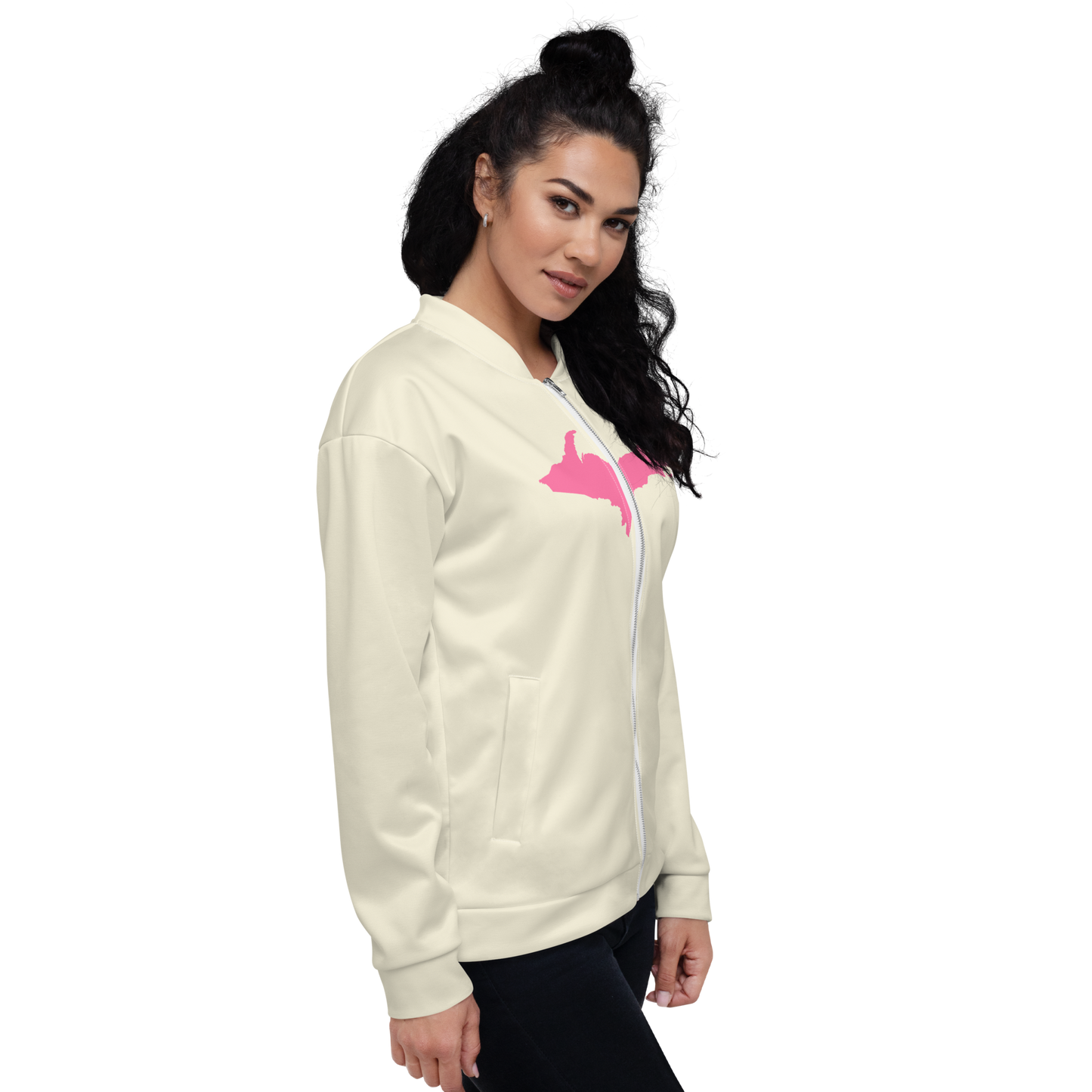 Michigan Upper Peninsula Bomber Jacket (w/ Large Pink UP Outline) | Ivory White