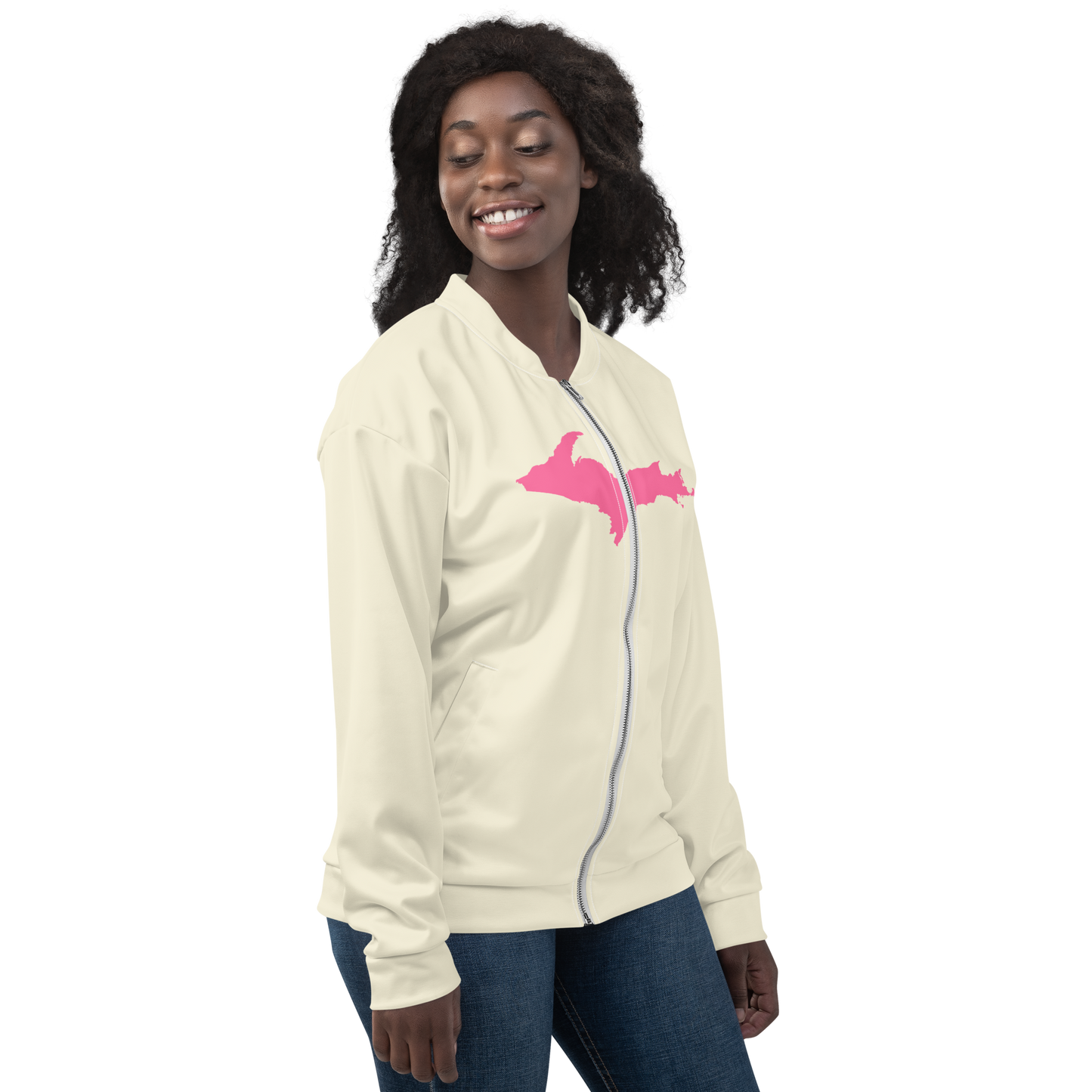 Michigan Upper Peninsula Bomber Jacket (w/ Large Pink UP Outline) | Ivory White