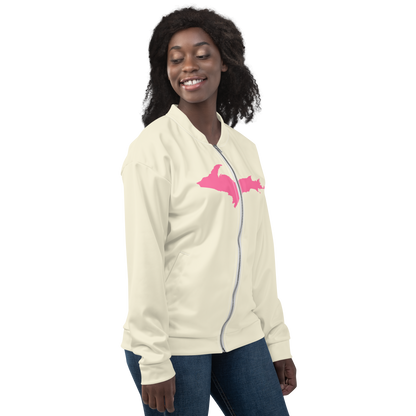 Michigan Upper Peninsula Bomber Jacket (w/ Large Pink UP Outline) | Ivory White