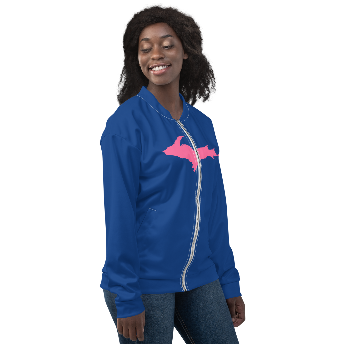 Michigan Upper Peninsula Bomber Jacket (w/ Large Pink UP Outline) | Dearborn Blue