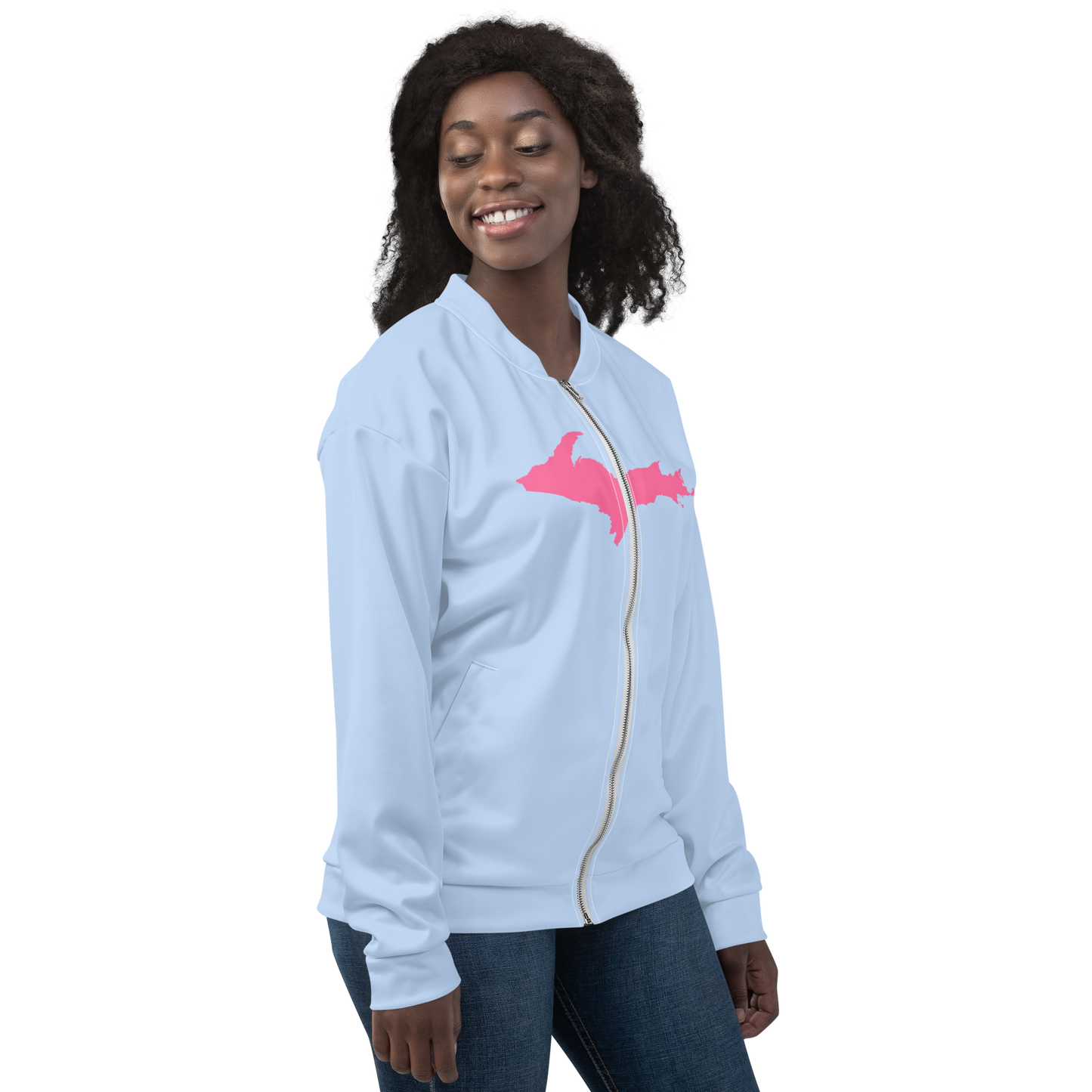 Michigan Upper Peninsula Bomber Jacket (w/ Large Pink UP Outline) | Light Blue