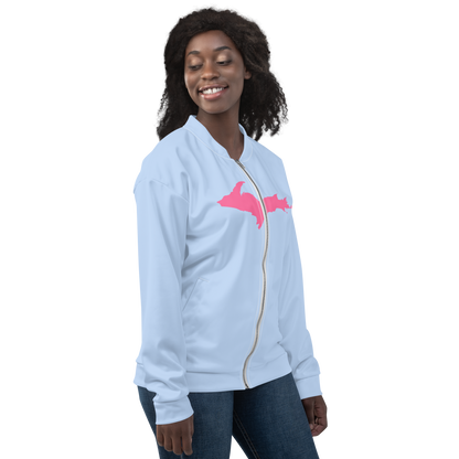 Michigan Upper Peninsula Bomber Jacket (w/ Large Pink UP Outline) | Light Blue