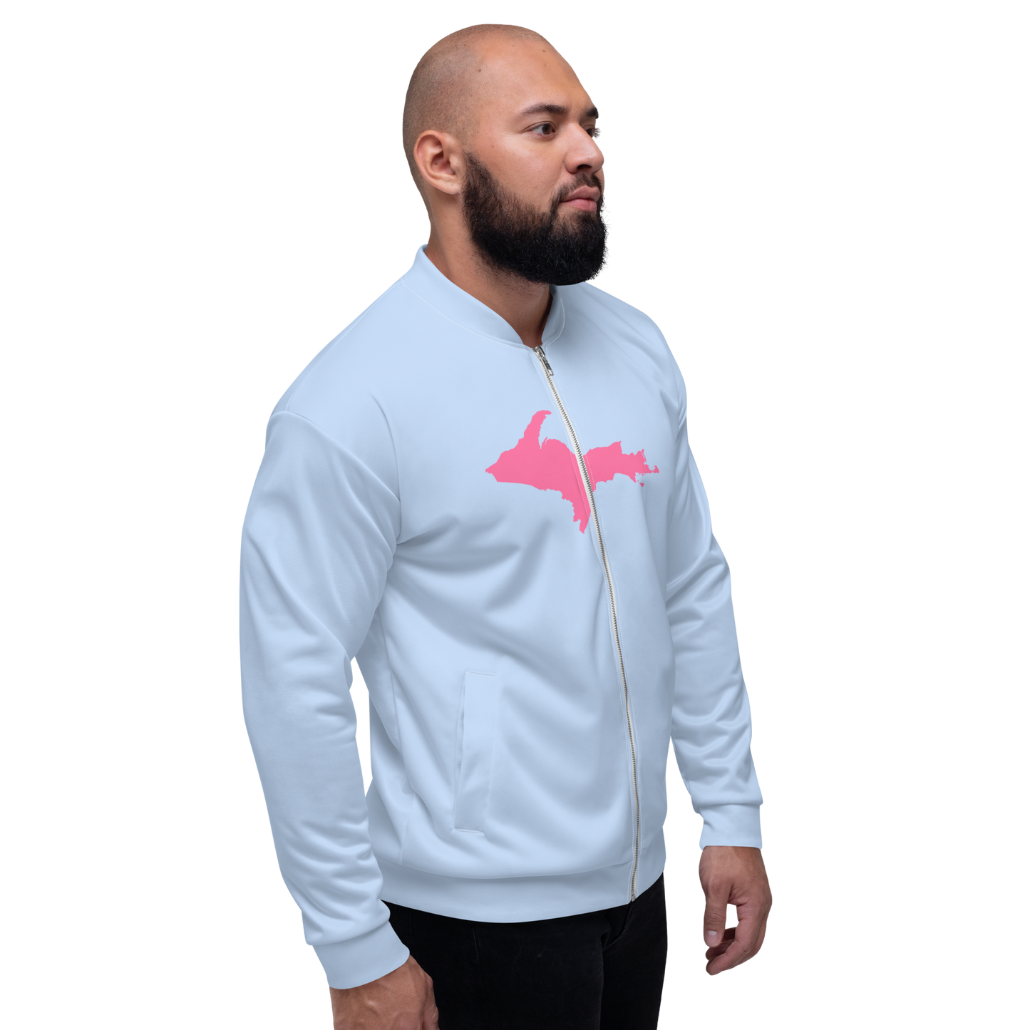 Michigan Upper Peninsula Bomber Jacket (w/ Large Pink UP Outline) | Light Blue