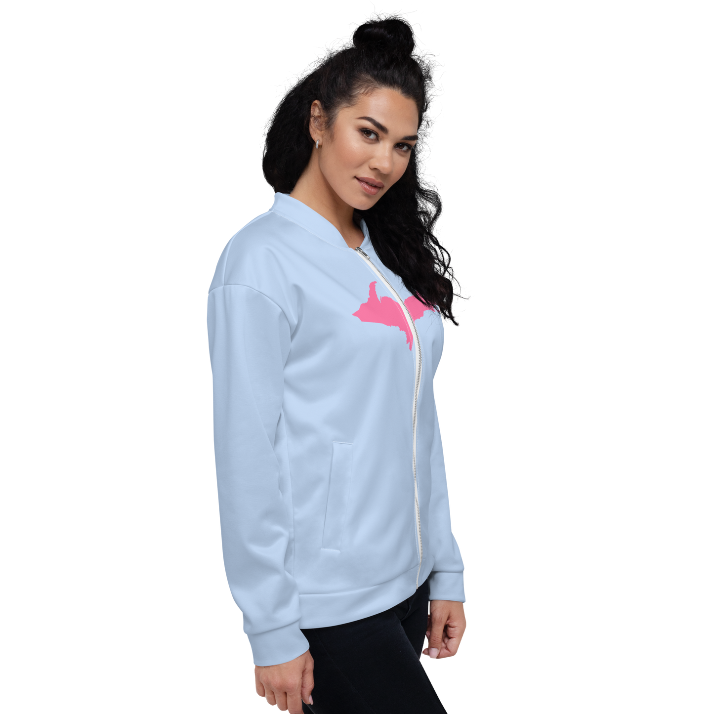 Michigan Upper Peninsula Bomber Jacket (w/ Large Pink UP Outline) | Light Blue