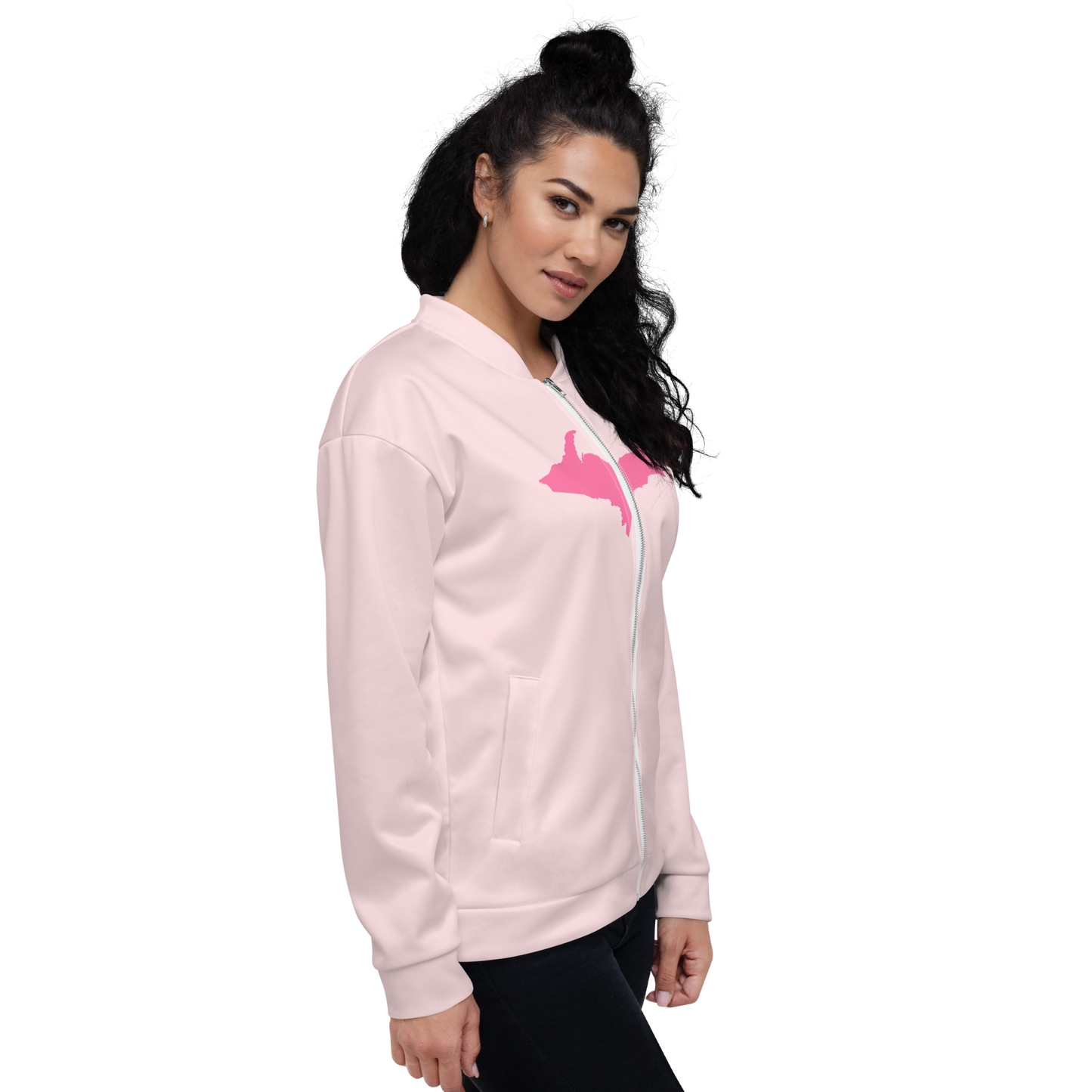 Michigan Upper Peninsula Bomber Jacket (w/ Large Pink UP Outline) | Pale Pink