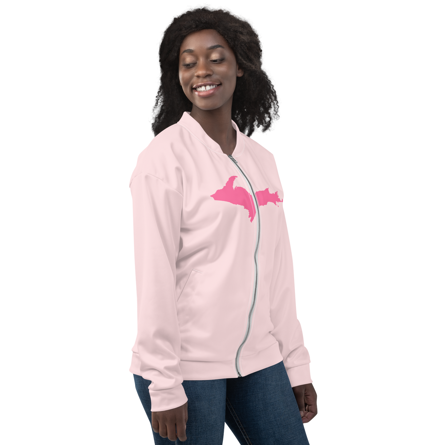 Michigan Upper Peninsula Bomber Jacket (w/ Large Pink UP Outline) | Pale Pink