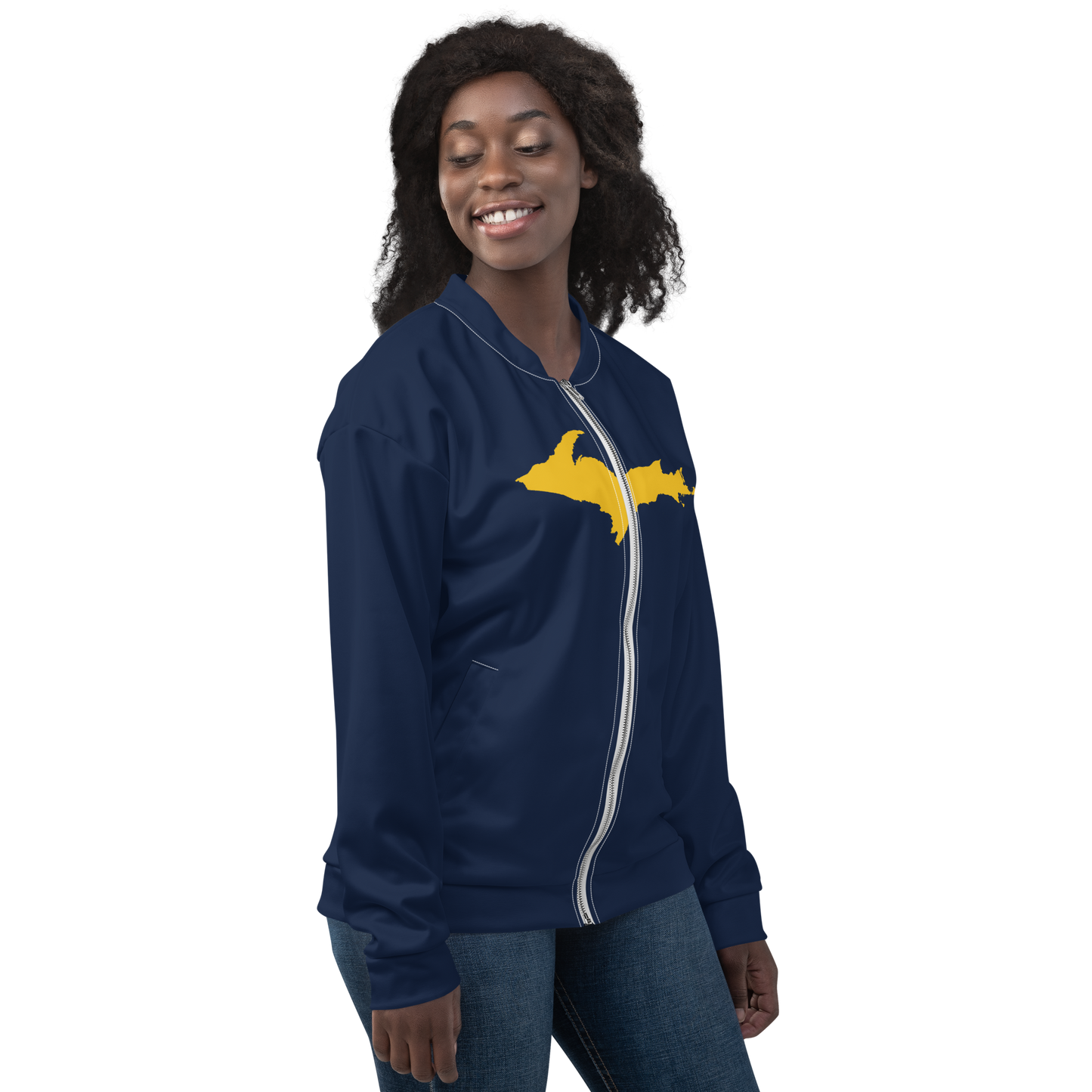 Michigan Upper Peninsula Bomber Jacket (w/ Large Gold UP Outline) | Navy