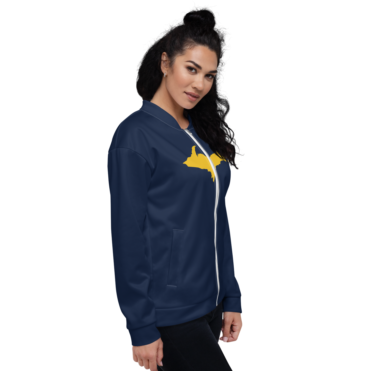 Michigan Upper Peninsula Bomber Jacket (w/ Large Gold UP Outline) | Navy