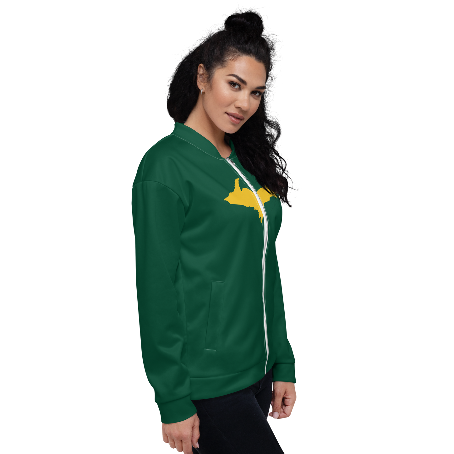 Michigan Upper Peninsula Bomber Jacket (w/ Large Gold UP Outline) | Green