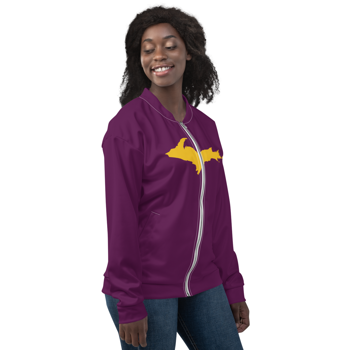 Michigan Upper Peninsula Bomber Jacket (w/ Large Gold UP Outline) | Tyrian Purple