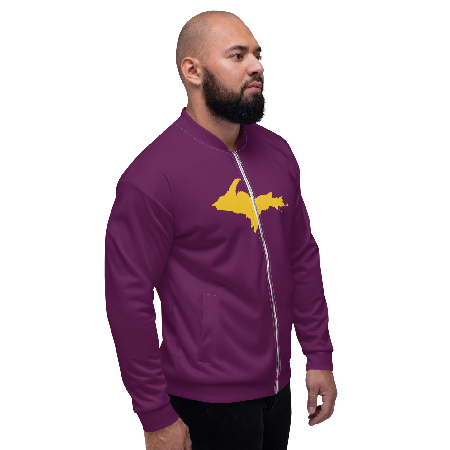 Michigan Upper Peninsula Bomber Jacket (w/ Large Gold UP Outline) | Tyrian Purple