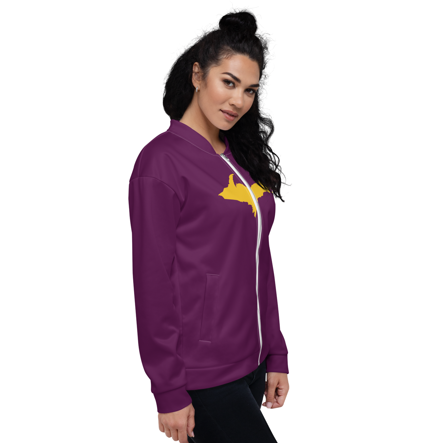 Michigan Upper Peninsula Bomber Jacket (w/ Large Gold UP Outline) | Tyrian Purple