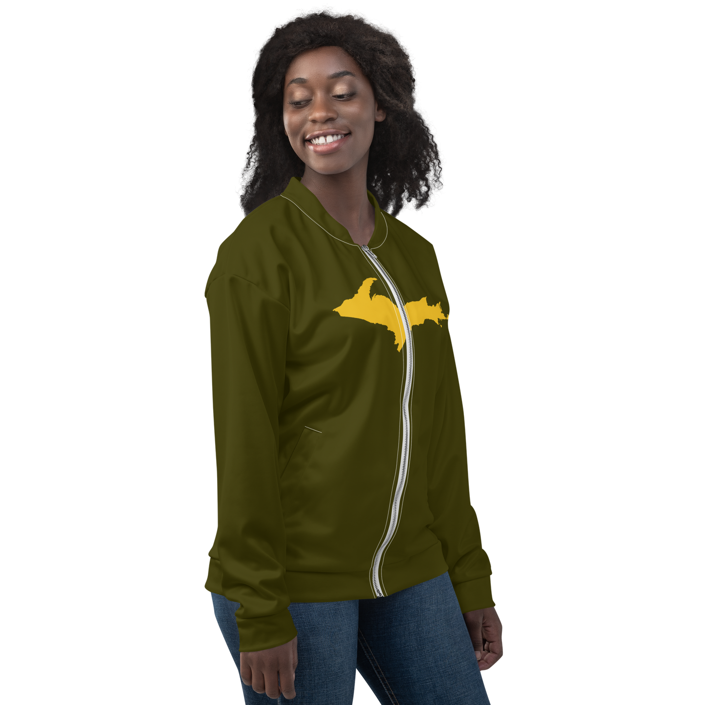 Michigan Upper Peninsula Bomber Jacket (w/ Large Gold UP Outline) | Military Green