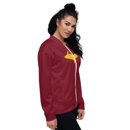 Michigan Upper Peninsula Bomber Jacket (w/ Large Gold UP Outline) | Burgandy