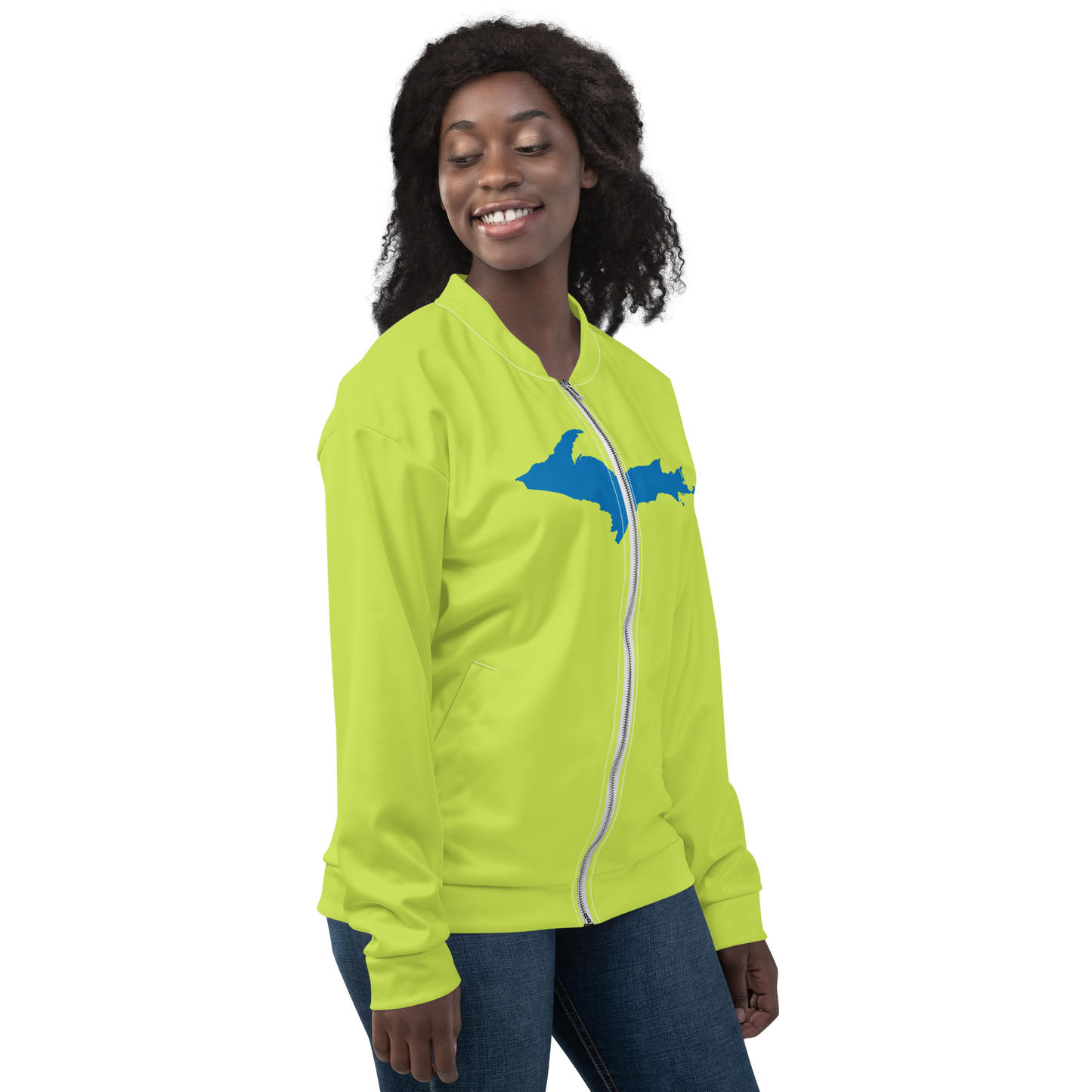 Michigan Upper Peninsula Bomber Jacket (w/ Large Azure UP Outline) | Gooseberry Green