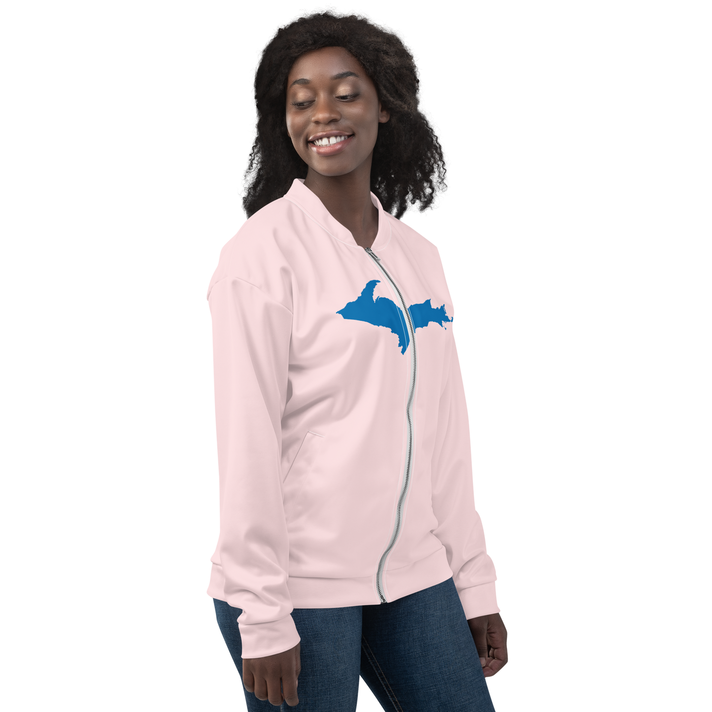 Michigan Upper Peninsula Bomber Jacket (w/ Large Azure UP Outline) | Pale Pink