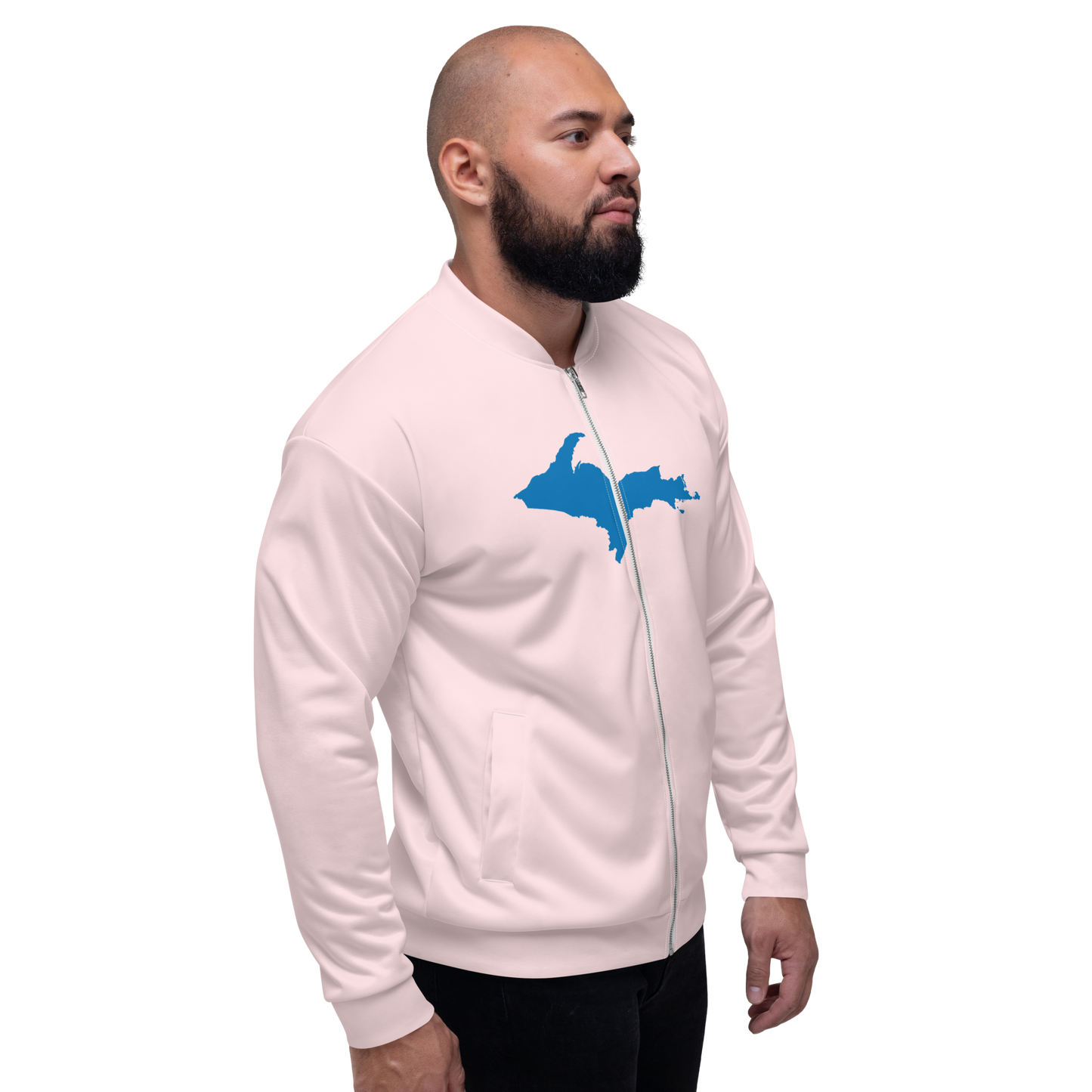 Michigan Upper Peninsula Bomber Jacket (w/ Large Azure UP Outline) | Pale Pink