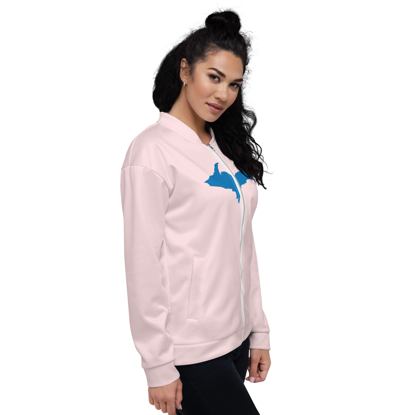 Michigan Upper Peninsula Bomber Jacket (w/ Large Azure UP Outline) | Pale Pink