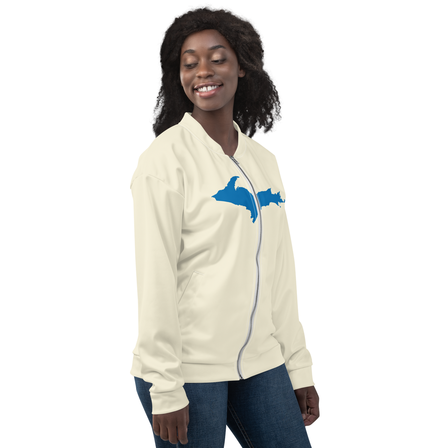 Michigan Upper Peninsula Bomber Jacket (w/ Large Azure UP Outline) | Ivory White