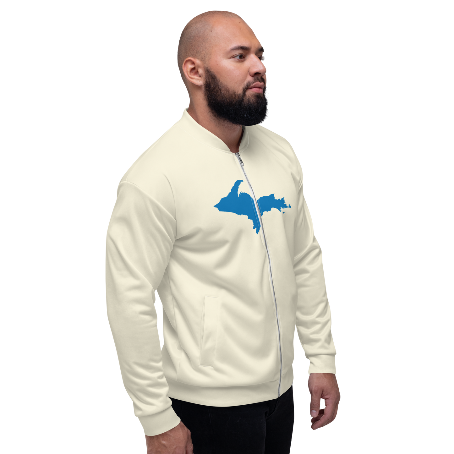 Michigan Upper Peninsula Bomber Jacket (w/ Large Azure UP Outline) | Ivory White