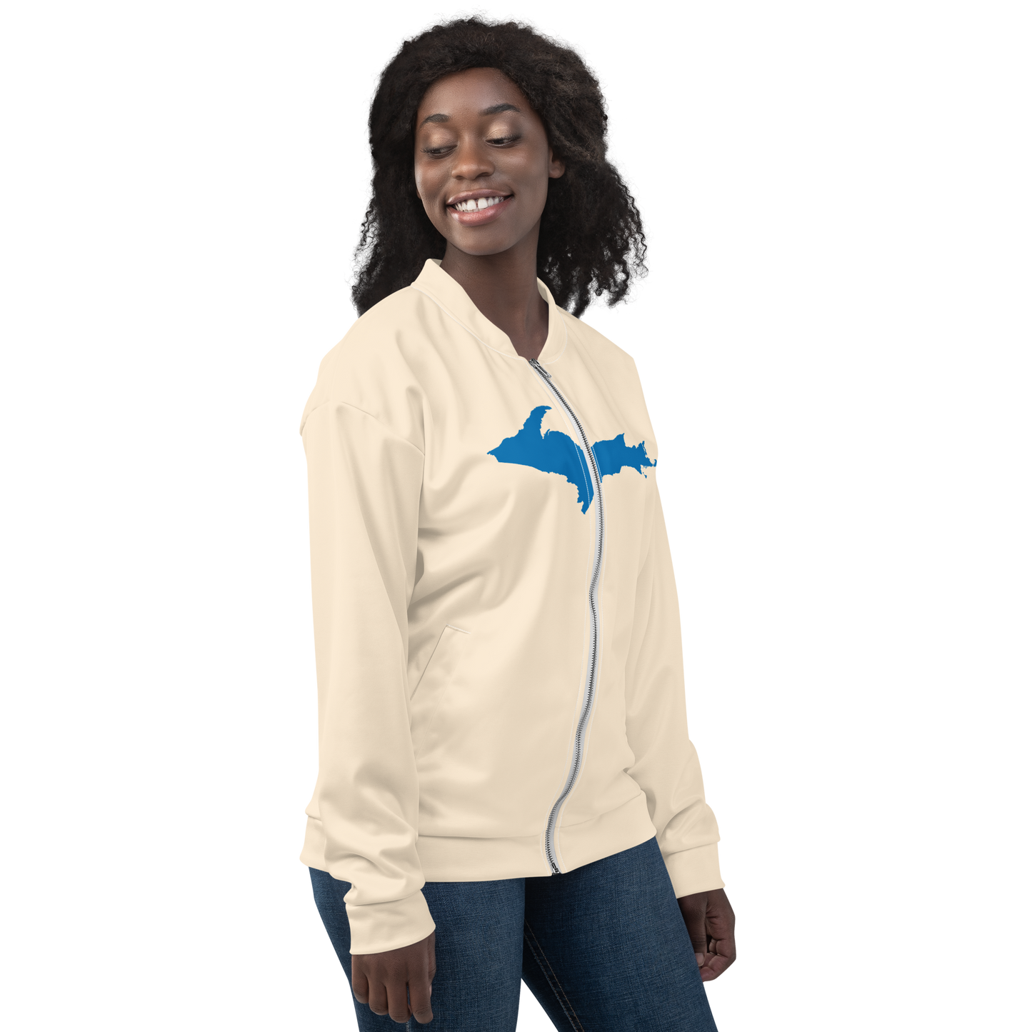 Michigan Upper Peninsula Bomber Jacket (w/ Large Azure UP Outline) | Champagne White