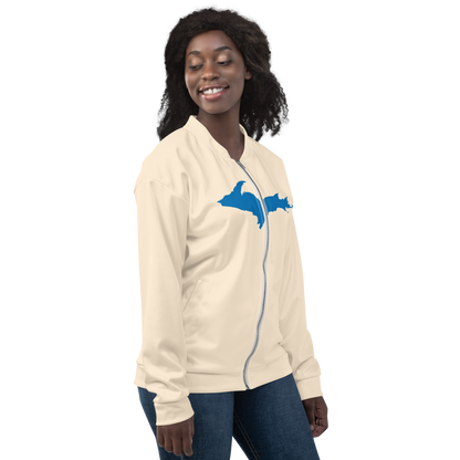 Michigan Upper Peninsula Bomber Jacket (w/ Large Azure UP Outline) | Champagne White